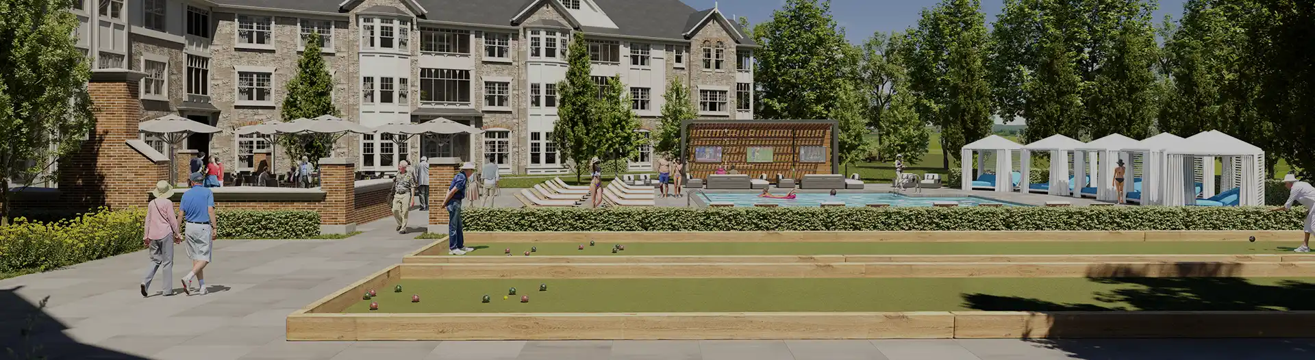 Exterior of Gray Eagle with bocce ball course and pool nearby with cabanas